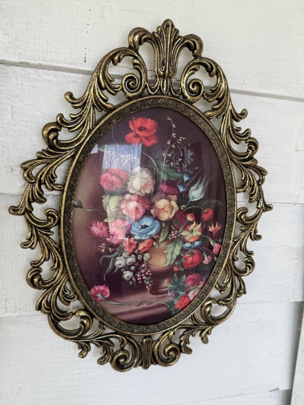 Vintage 1960s Italian Metal Frame Convex Glass Floral Bouquet Print 13x10" - Picture 3 of 11